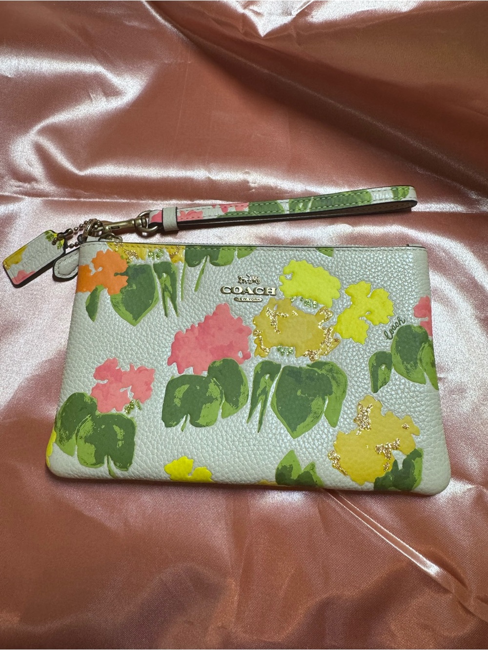 COACH Floral Pebbled Leather Wristlet in White with Pink, Yellow & Green